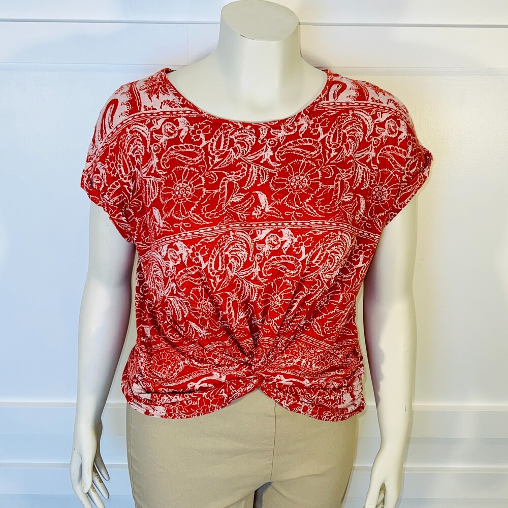 Lucky Brand Boho Top Womens M Floral Paisley Print Twist Knot Hem Short Sleeve
